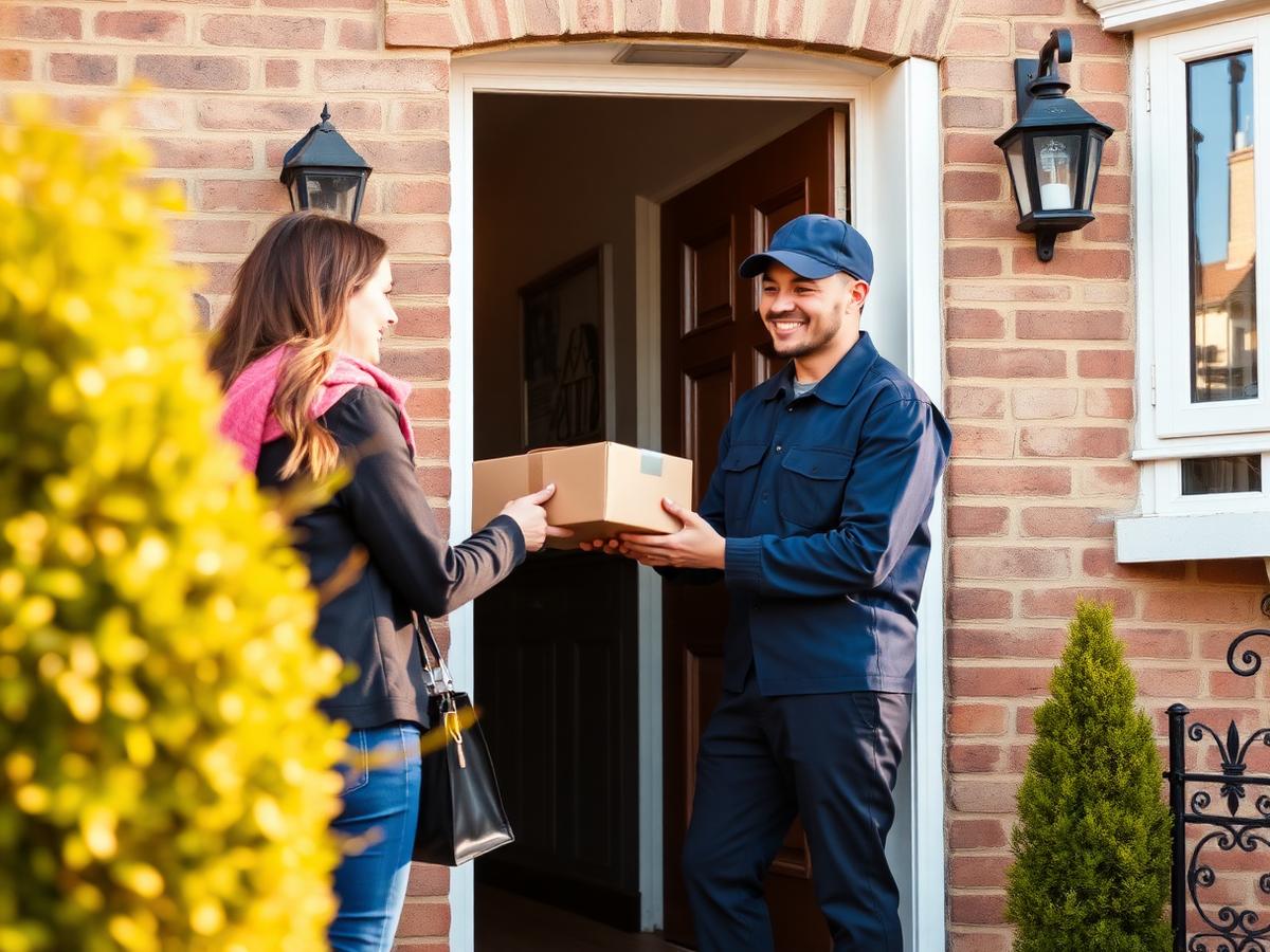 Courier handing a parcel to a customer at their door