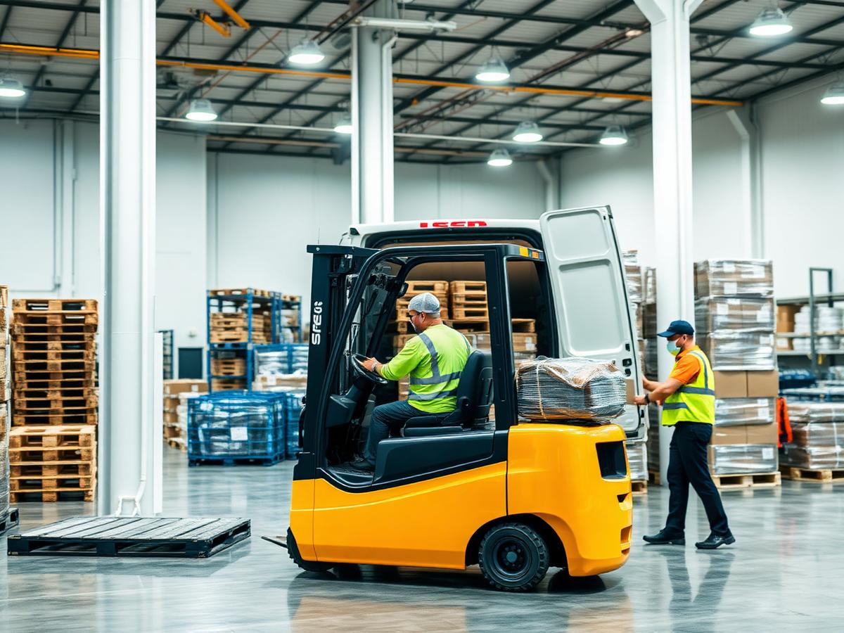 Pallets being loaded from a warehouse into a delivery van
